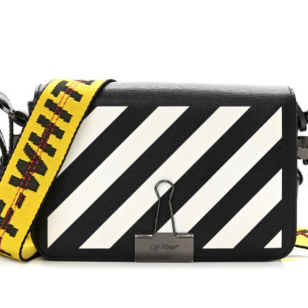 OFF-WHITE
Saffiano Striped Mini Diag Binder Clip Bag Black White Yellow